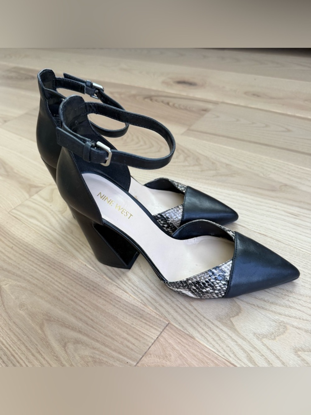 Nine West Black Pointed D'Orsay Heels with Snake-Print Panels
